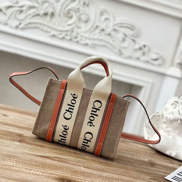 「#4846」Chloe Woody linen pure cotton canvas and glossy small dough, orange casual bag mini: 20*14*6cm