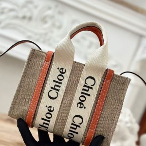 「#4846」Chloe Woody linen pure cotton canvas and glossy small dough, orange casual bag mini: 20*14*6cm