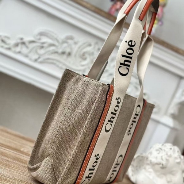 Chloe Woody linen pure cotton canvas and glossy crust, orange casual bag Small: 26.5*20*8cm