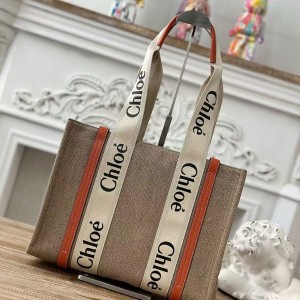 「#4847」Chloe Woody linen pure cotton canvas and glossy crust, orange casual bag Small: 26.5*20*8cm