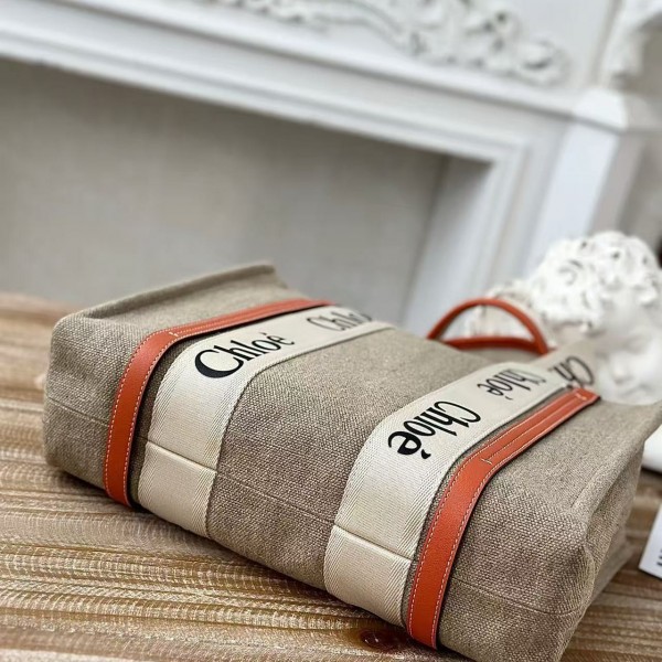 Chloe Woody linen pure cotton canvas and glossy small dough, orange casual bag Medium size: 37*26*12