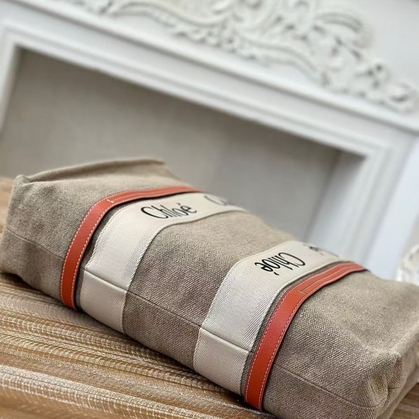 Chloe Woody linen pure cotton canvas and glossy small dough, orange casual bag Large size: 45*33*13c