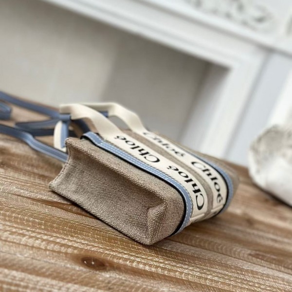 Chloe Woody linen pure cotton canvas and glossy small dough, blue casual bag mini: 20*14*6cm