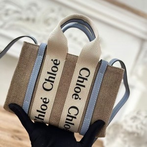 「#4850」Chloe Woody linen pure cotton canvas and glossy small dough, blue casual bag mini: 20*14*6cm