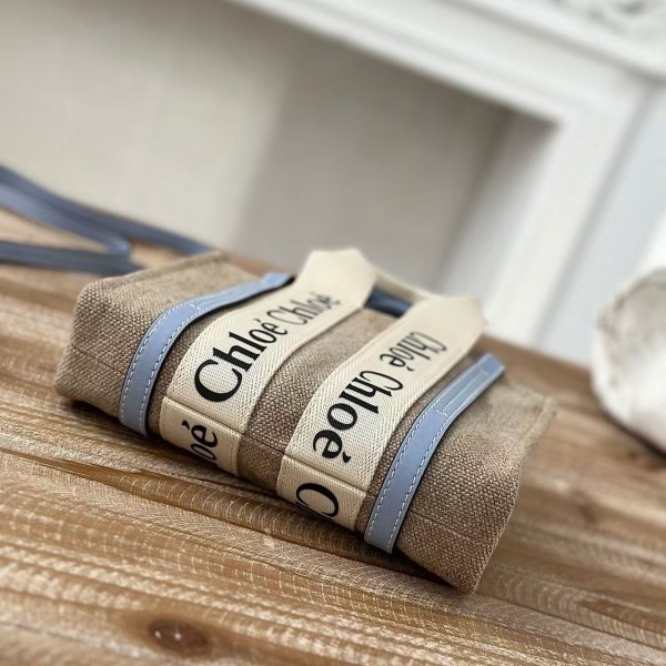 Chloe Woody linen pure cotton canvas and glossy small dough, blue casual bag mini: 20*14*6cm
