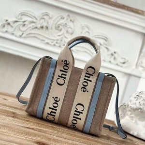 「#4851」Chloe Woody linen pure cotton canvas and glossy crust, blue casual bag Small: 26.5*20*8cm