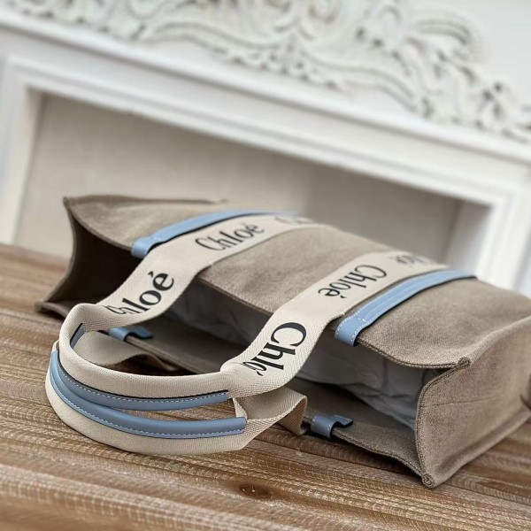 Chloe Woody linen pure cotton canvas and glossy small dough, blue casual bag Medium size: 37*26*12cm