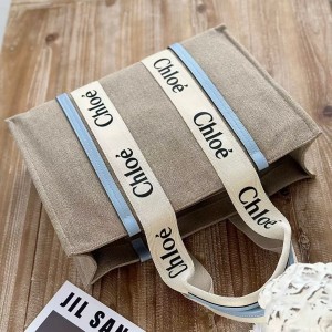 「#4852」Chloe Woody linen pure cotton canvas and glossy small dough, blue casual bag Medium size: 37*26*12cm