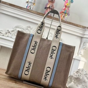 「#4852」Chloe Woody linen pure cotton canvas and glossy small dough, blue casual bag Medium size: 37*26*12cm