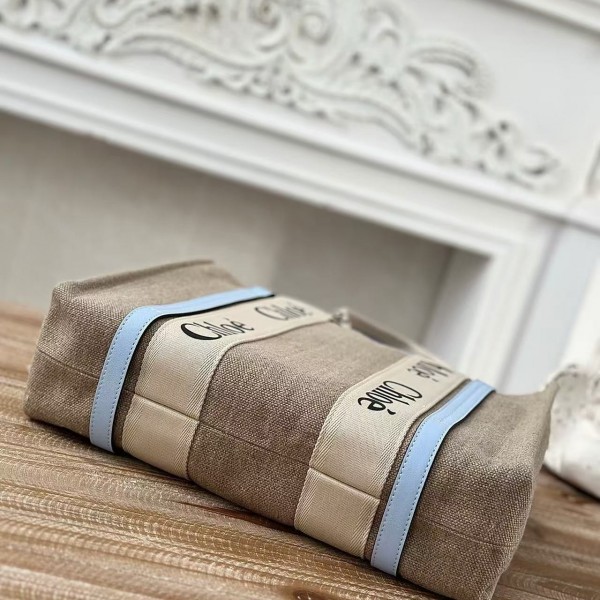 Chloe Woody linen pure cotton canvas and glossy small dough, blue casual bag Medium size: 37*26*12cm