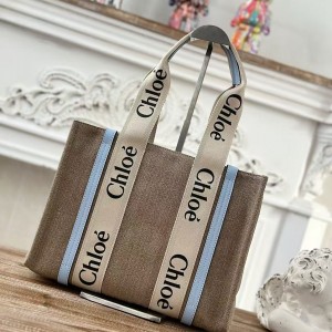 「#4853」Chloe Woody linen pure cotton canvas and glossy small dough, blue casual bag Medium size: 37*26*12cm