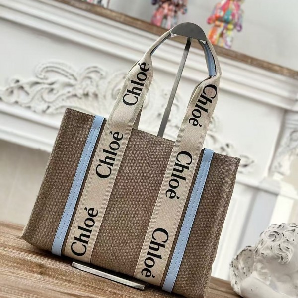 「#4853」Chloe Woody linen pure cotton canvas and glossy small dough, blue casual bag Medium size: 37*26*12cm