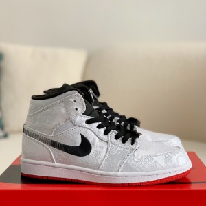 「#1494」Clot x Air Jordan AJ1 Mid "Fearless" White Silk Sneakers