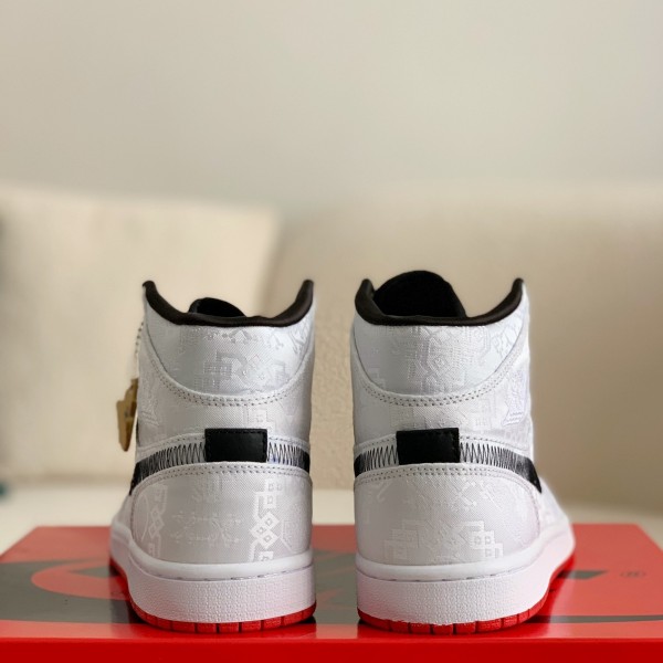 Clot x Air Jordan AJ1 Mid "Fearless" White Silk Sneakers