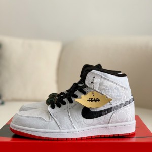 「#1494」Clot x Air Jordan AJ1 Mid "Fearless" White Silk Sneakers