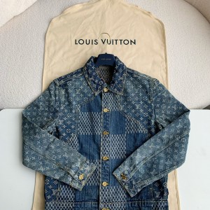 「#1808」Louis Vuitton Classic Logo printed all over patchwork denim jacket