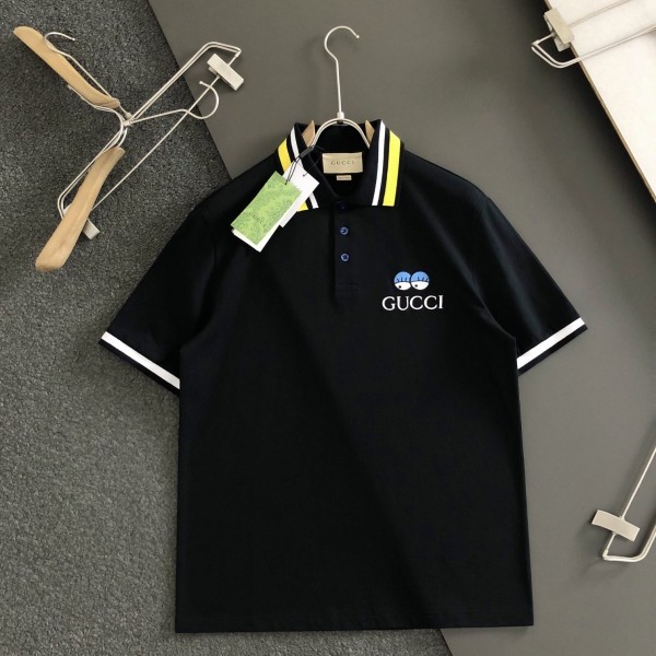 「#2857」Gucci Floral neckline embroidered polo shirt with cartoon lettering