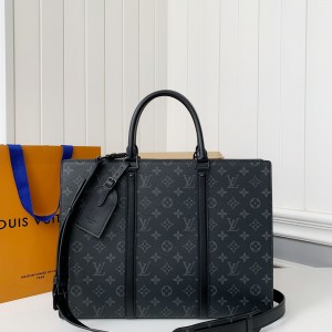 「#2969」Louis Vuitton's new Sac Plat Horizontal Zippé men's black flower briefcase M45165 Size: 31*39*8.5cm