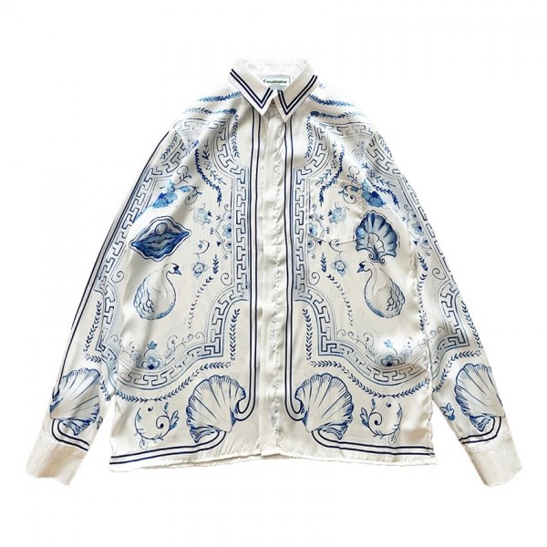 「#3117」Casablanca 23SS Blue Marble Swan Hawaiian long sleeve shirt
