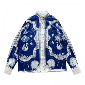 「#3126」Casablanca 23SS Blue Marble Swan Hawaiian long sleeve shirt